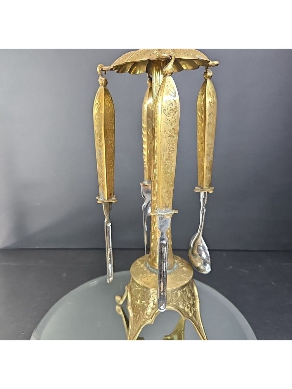 Ornate Vintage Brass Stand with 4 Brass Kitchen Accessories 15.5" Tall